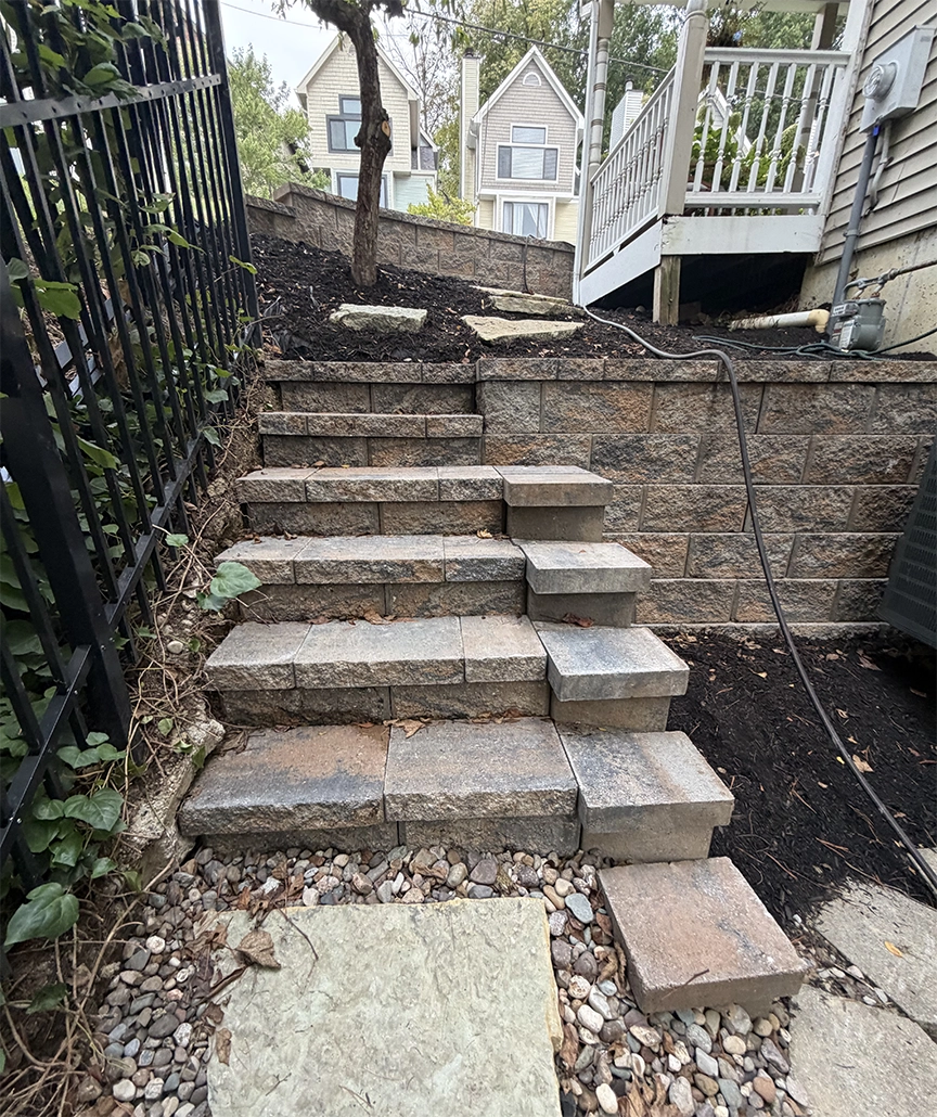 Completed retaining wall and block steps in Columbia-Tusculum, Cincinnati